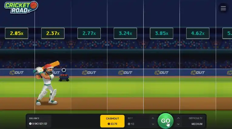 Cricket Road crash board with character and low multipliers