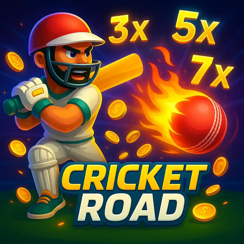 Cricket Road banner with 3x 5x 7x multipliers and hero hitting fireball
