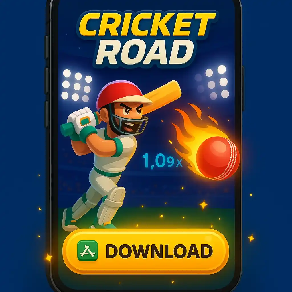 Cricket Road APK download banner with hero and yellow button